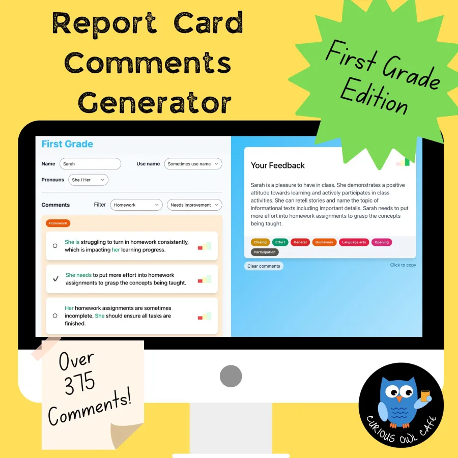First grade report card comments generator