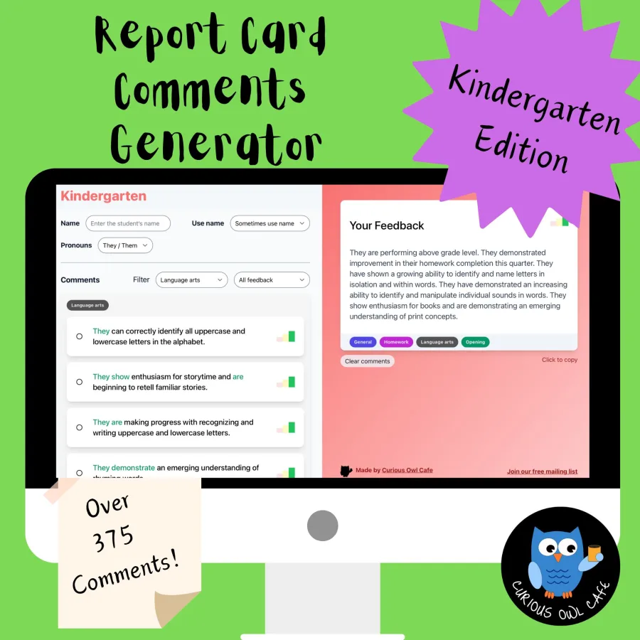 Kindergarten report card comments generator